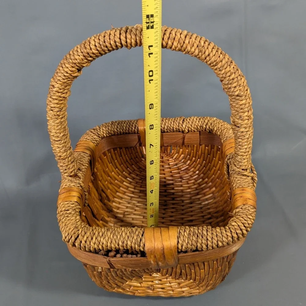 Vintage Woven Wicker Basket with Twisted Handle Square Decorative Storage